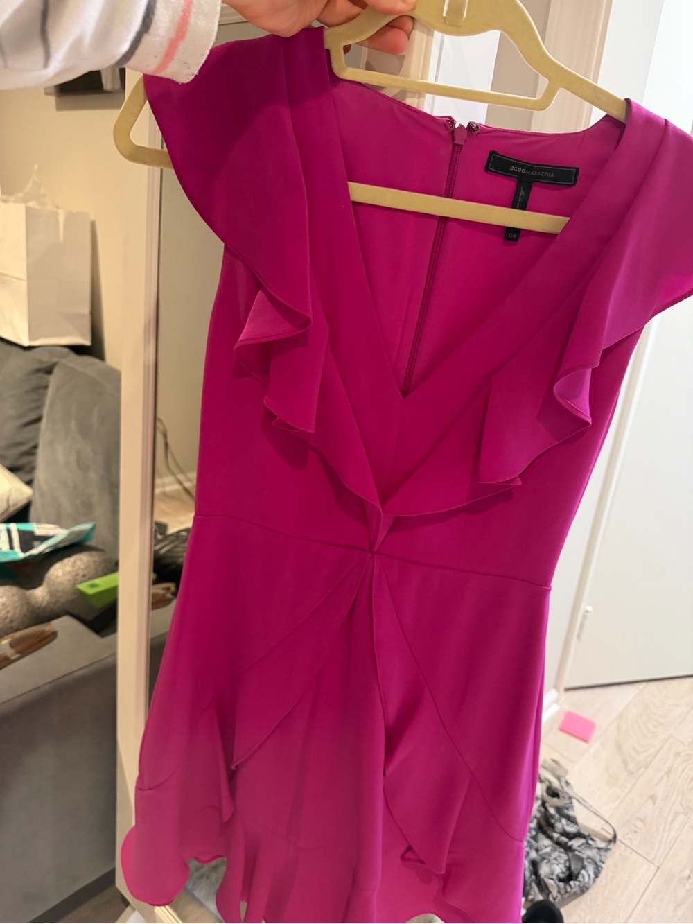 BCBGMaxAzria Hot Pink Ruffle V-Neck Mini Dress